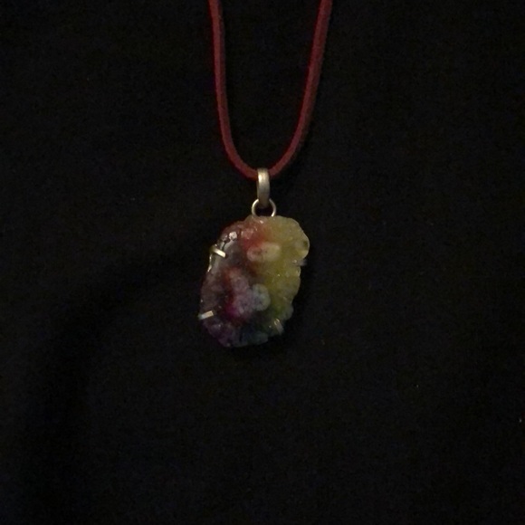 Rainbow Crystal necklace on red leather thong - Picture 4 of 5